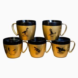 5 West Bend Insulated Mugs Cups Thermo-Serv Gold Black Birds Metal Handles MCM